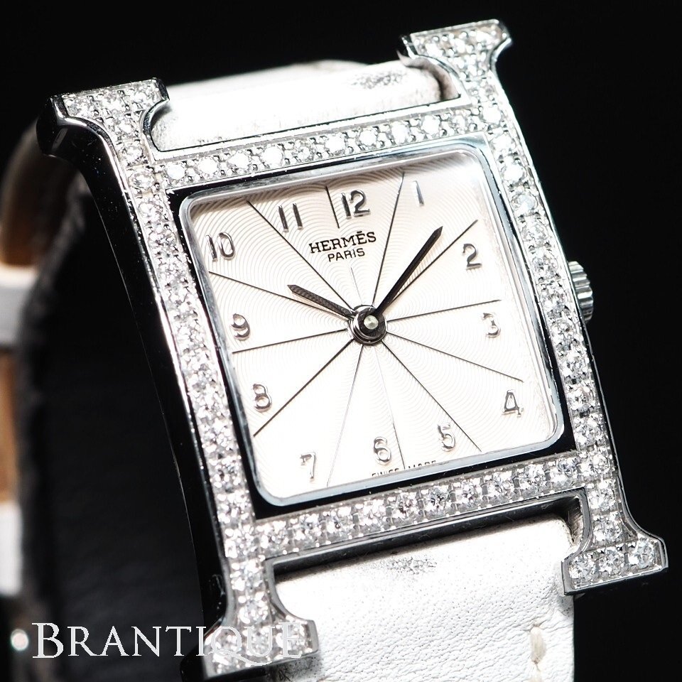 【美品 希少 ダイヤベゼル 】 Hermes エルメス Hウォッチ 純正ベルト＆バックル Ref.HH1.230 QZ SS レディース 腕時(shí)計(jì) 「26296」