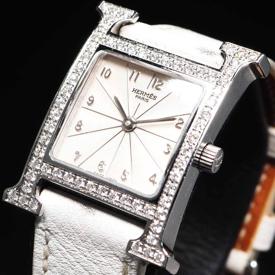 【美品 希少 ダイヤベゼル 】 Hermes エルメス Hウォッチ 純正ベルト＆バックル Ref.HH1.230 QZ SS レディース 腕時(shí)計(jì) 「26296」