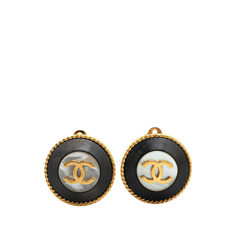 シャネル ヴィンテージ ココマーク ラウンド シェル イヤリング ゴールド ブラック メッキ レディース CHANEL 【中古】