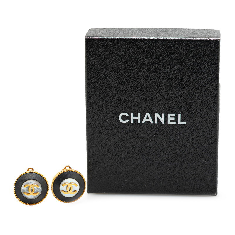 シャネル ヴィンテージ ココマーク ラウンド シェル イヤリング ゴールド ブラック メッキ レディース CHANEL 【中古】