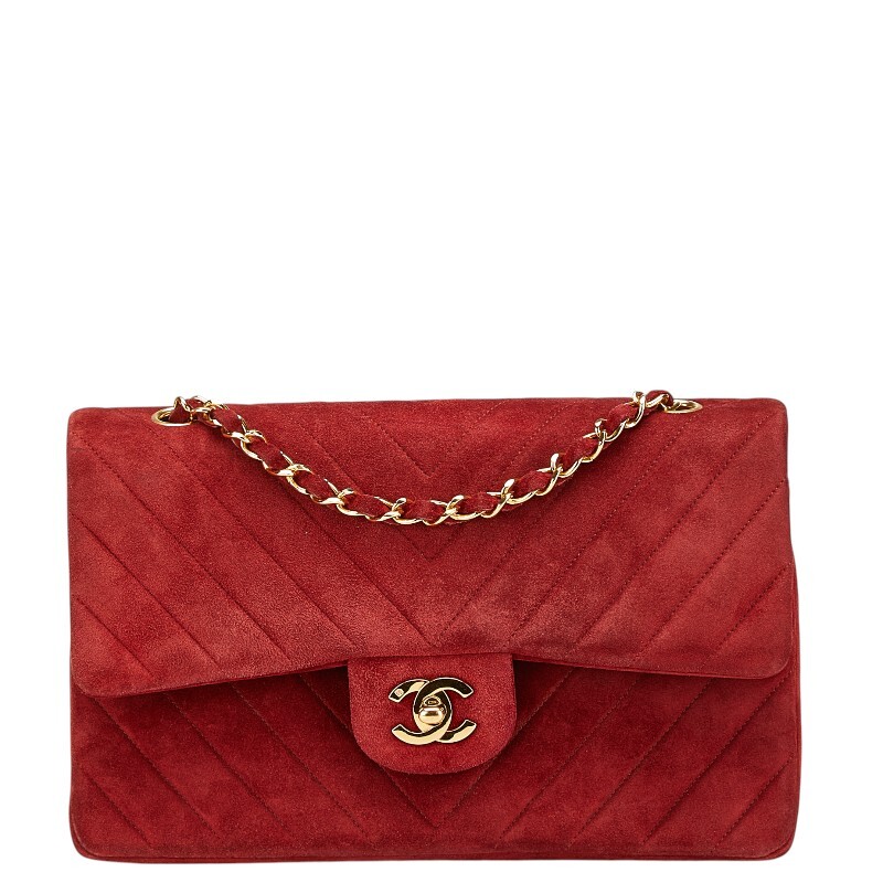 シャネル Vステッチ ダブルフラップ ココマーク チェーン ショルダーバッグ レッド スエード レディース CHANEL 【中古】