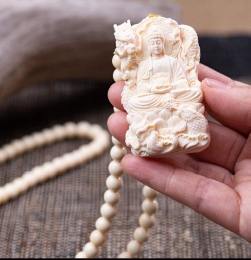 天然マンモス牙象男女ネックレスペンダント両面牌彫刻如来仏様