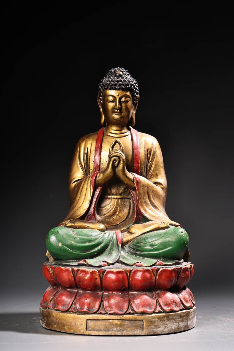 【蔵友館蔵品・銅製・彩繪・描金・釋迦牟尼像・仏教古美術・供養品】・希少珍品・置物・賞物・中国時代美術 仏像