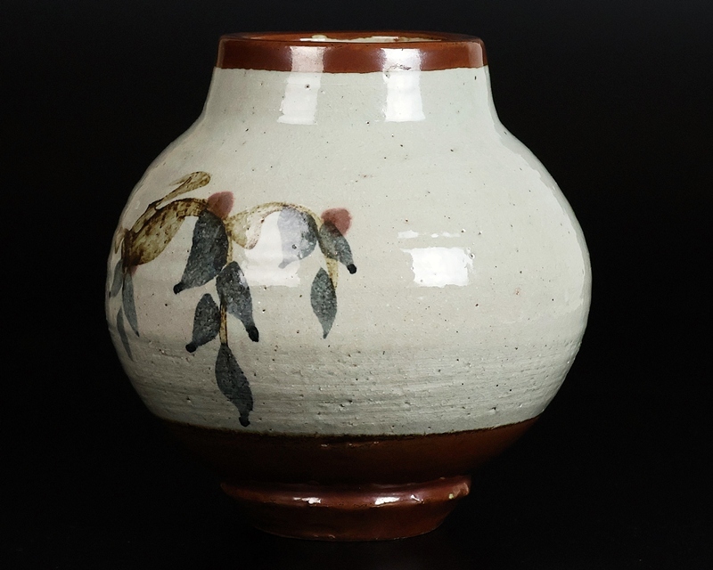 正式的 河井寛次郎 保証(花器、壷 河井紅葩識箱 草花図壷 】最上位作 花器、壷