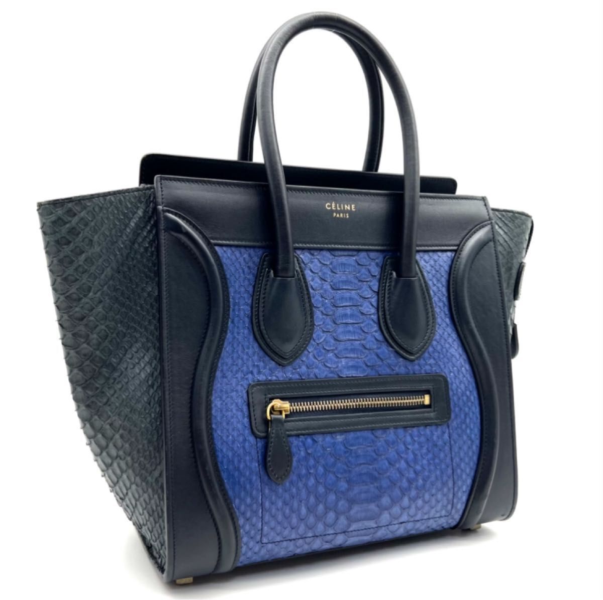  редкий товар!CELINE Celine багажный микро shopa- питон ручная сумочка черный голубой K82