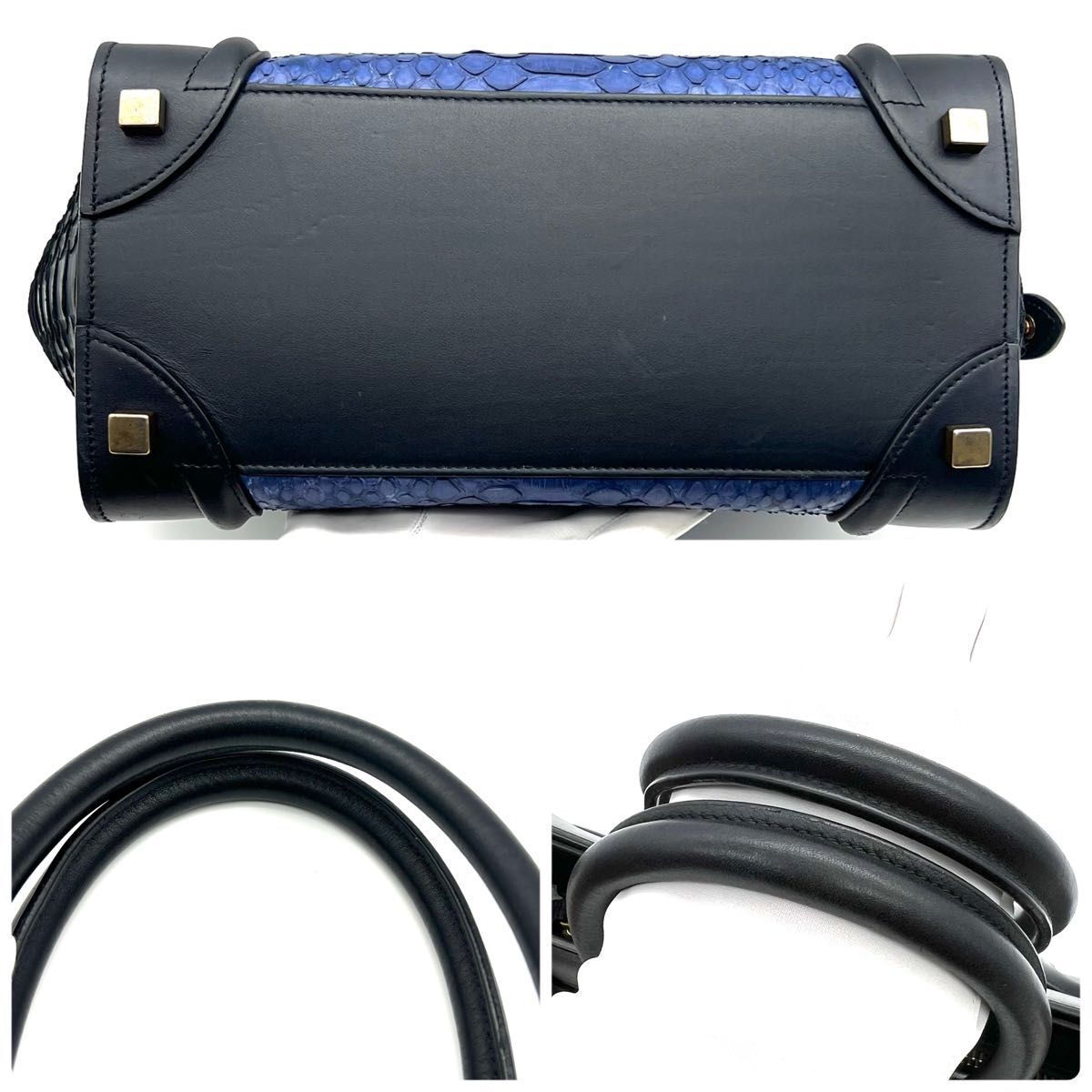  редкий товар!CELINE Celine багажный микро shopa- питон ручная сумочка черный голубой K82