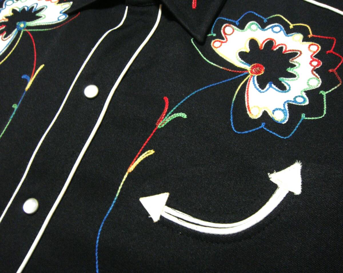■H BAR C【 化繊厚地 x 刺繍 ロカビリー 黒 TEXAS ウエスタンシャツ M～L 】USA制 HBARC 50s風 ダンス ロック ステージ衣裝 o4■送料600