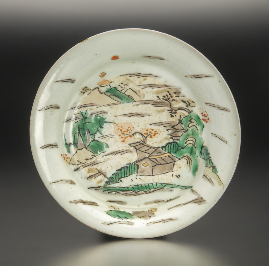 17世紀 姫谷焼 色絵楼閣山水文皿 5客 共箱 古美術_画像5