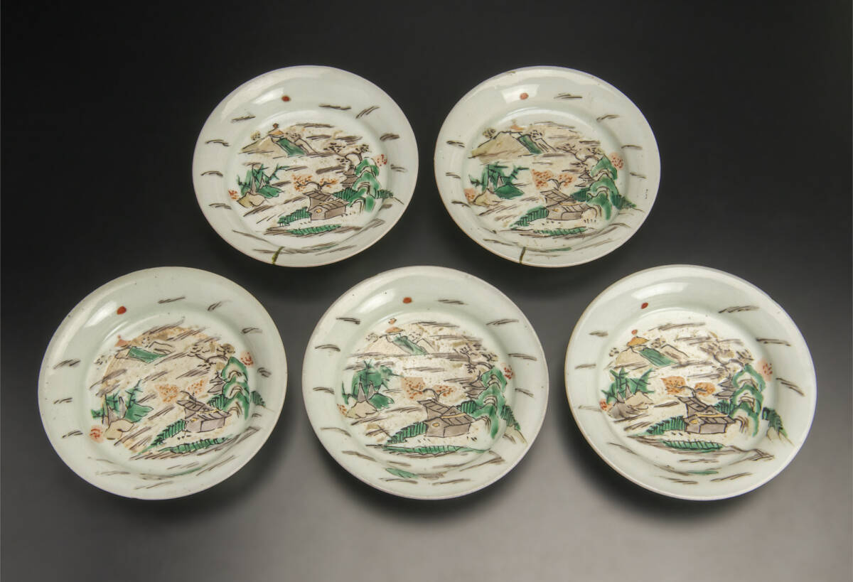 17世紀 姫谷焼 色絵楼閣山水文皿 5客 共箱 古美術_画像2