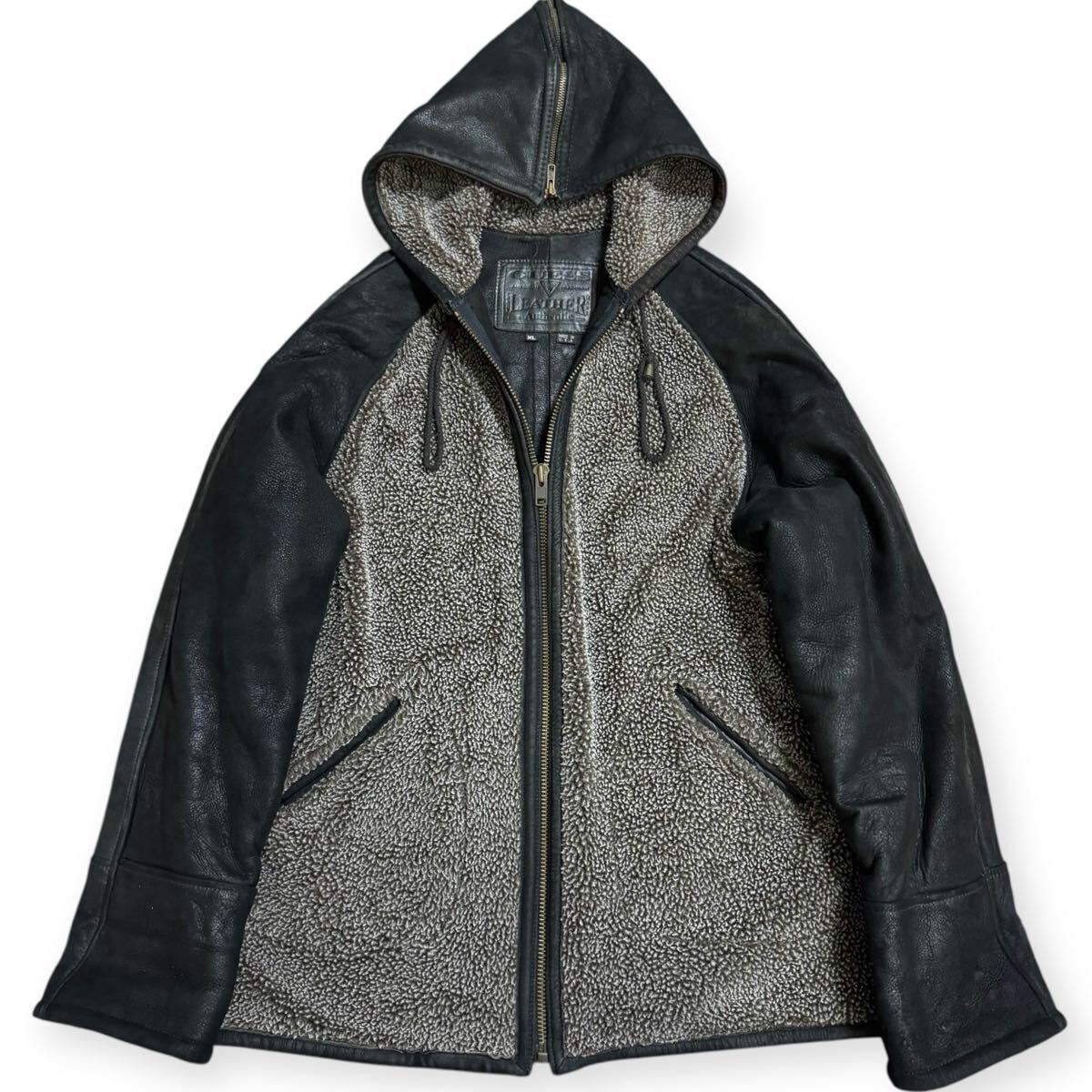 稀少 GUESS 90s USA製 バックロゴ ムートンボアジャケット XL 稀少 GUESS 90s USA製 ビンテージ バックロゴ フード