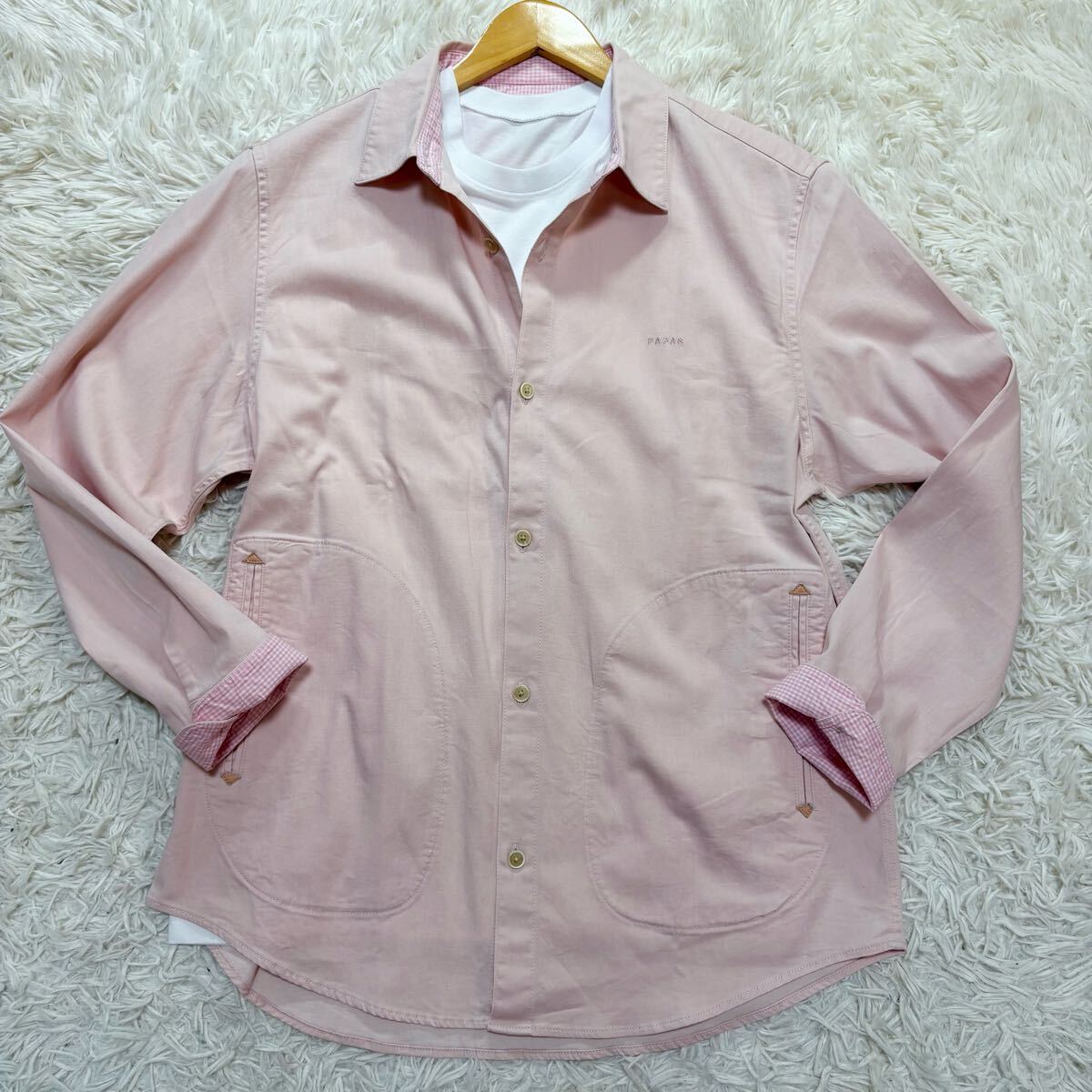 美品 Lサイズ Papas パパス シャツジャケット リネン混 美品 Lサイズ Papas パパス シャツジャケット リネン混