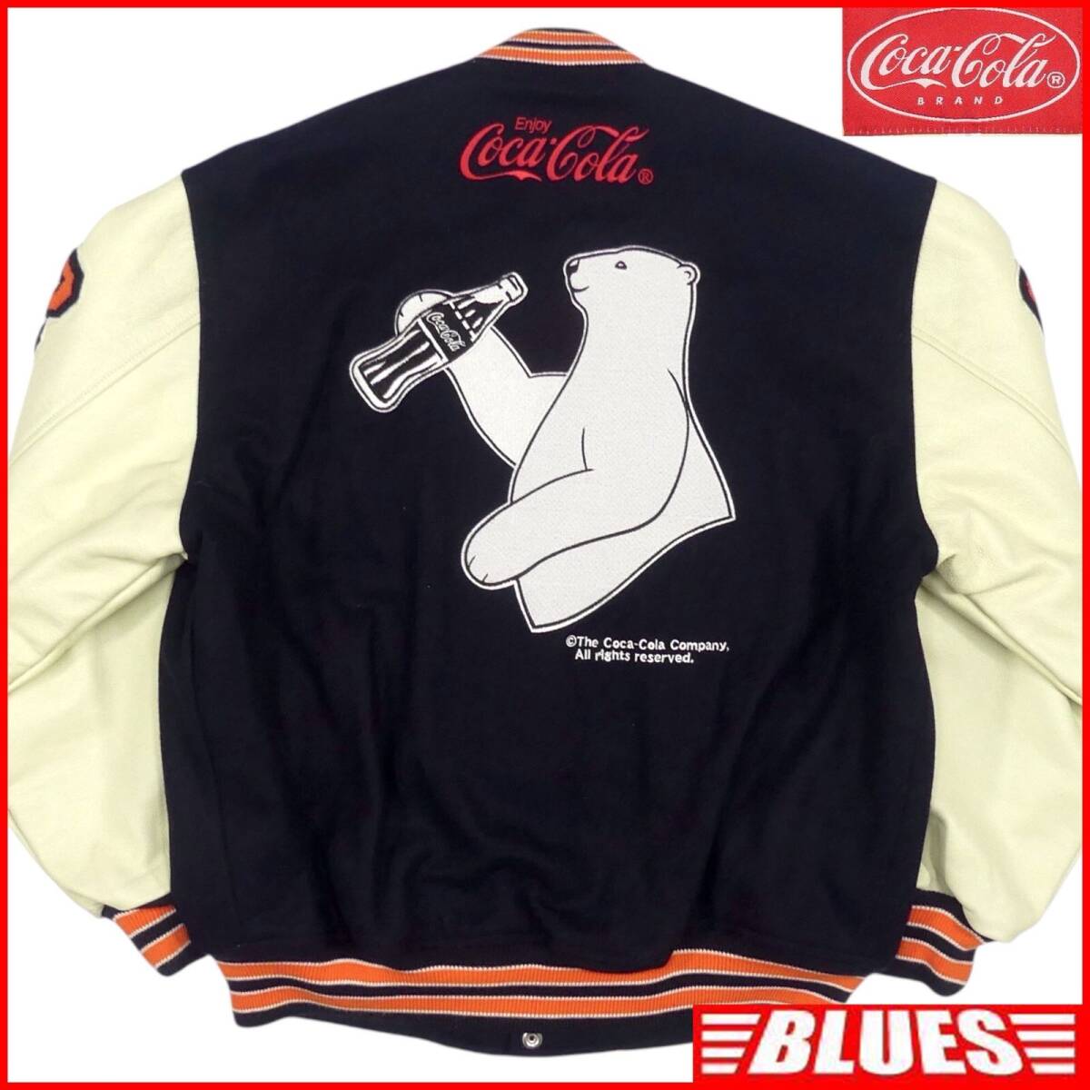 即決★Coca Cola★メンズ L レザーアームスタジャン コカ?コーラ 紺 シロクマ ネイビー 本革 ブルゾン 本皮 ジャンパー 革ジャン フルデコ