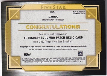 1/1!2022 Topps Five Star ICHIRO/イチロー Auto Jumbo MLB 1/1!2022 Topps Five Star ICHIRO/イチロー Auto Jumbo MLB