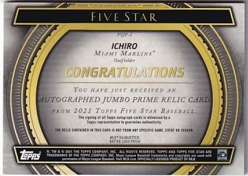 1/1!2021 Topps Five Star ICHIRO/イチロー Auto Jumbo MLB 1/1!2021 Topps Five Star ICHIRO/イチロー Auto Jumbo MLB