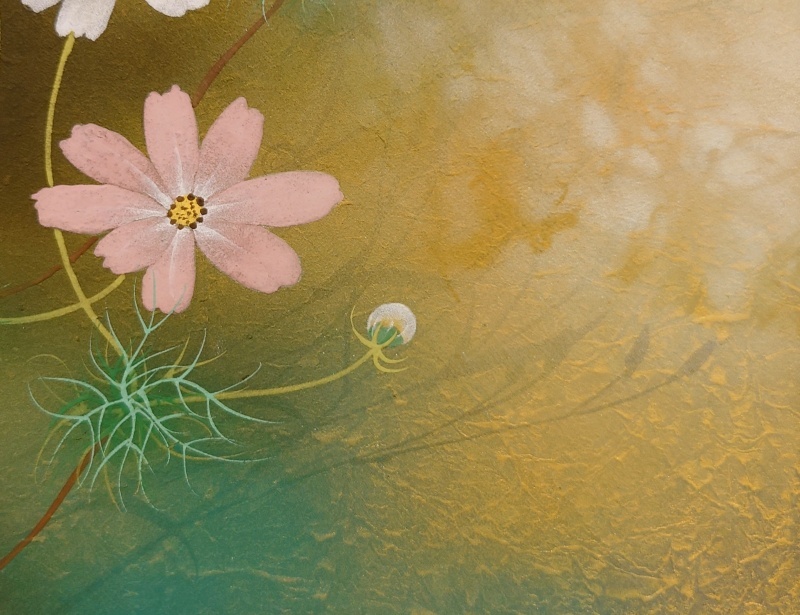 真作保証 佐々木経二「秋桜」日本画 4号 共シール 金泥 写実 真作保証 佐々木経二「秋桜」日本画 4号 共シール 金泥 写実