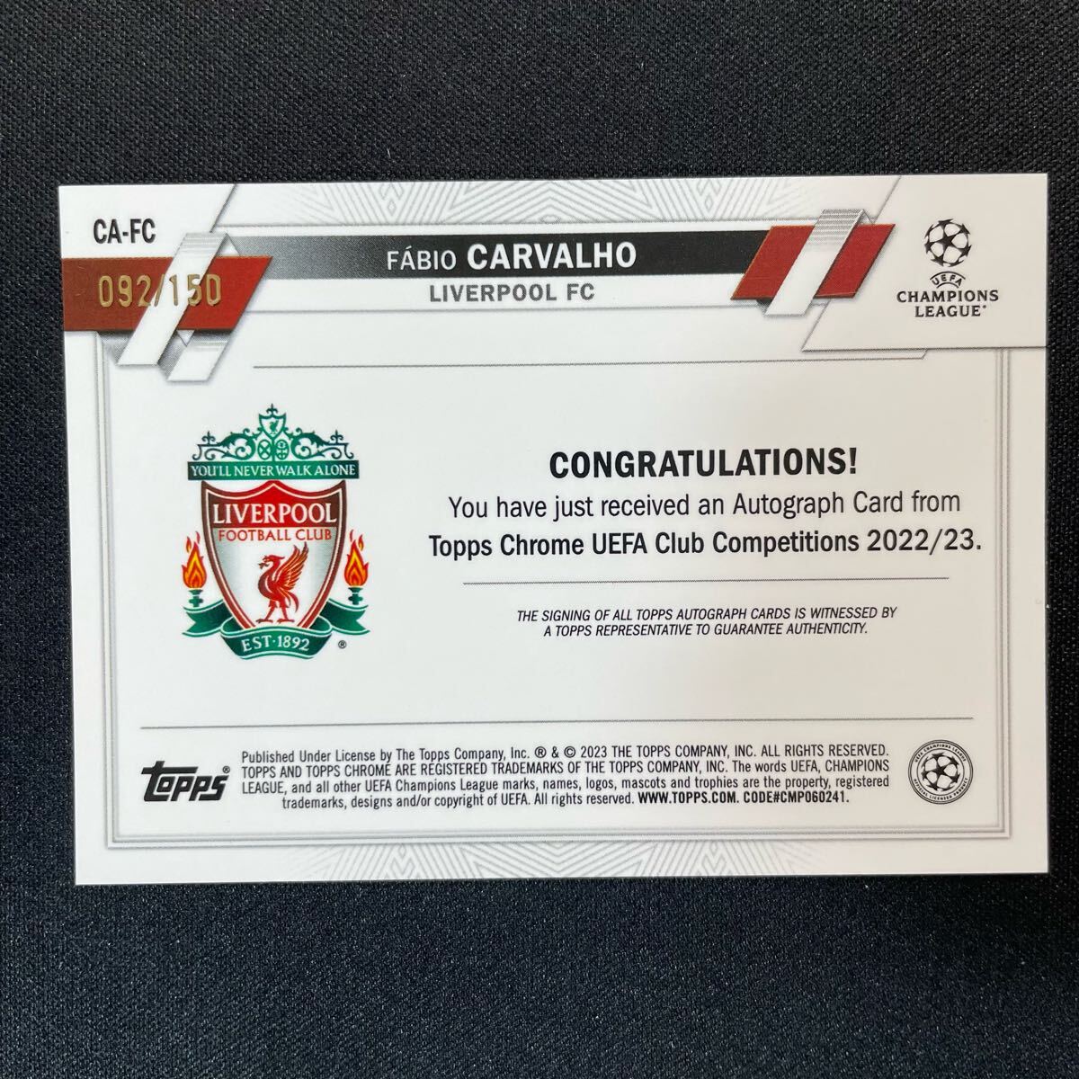 2022-23 Topps Chrome UEFA Fabio Carvalho Auto Liverpool RC