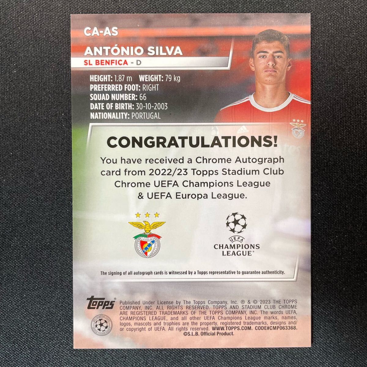 2022-23 Topps Stadium Club Chrome UEFA Antonio Silva Auto 2022-23 Topps Stadium Club Chrome UEFA Antonio Silva Auto
