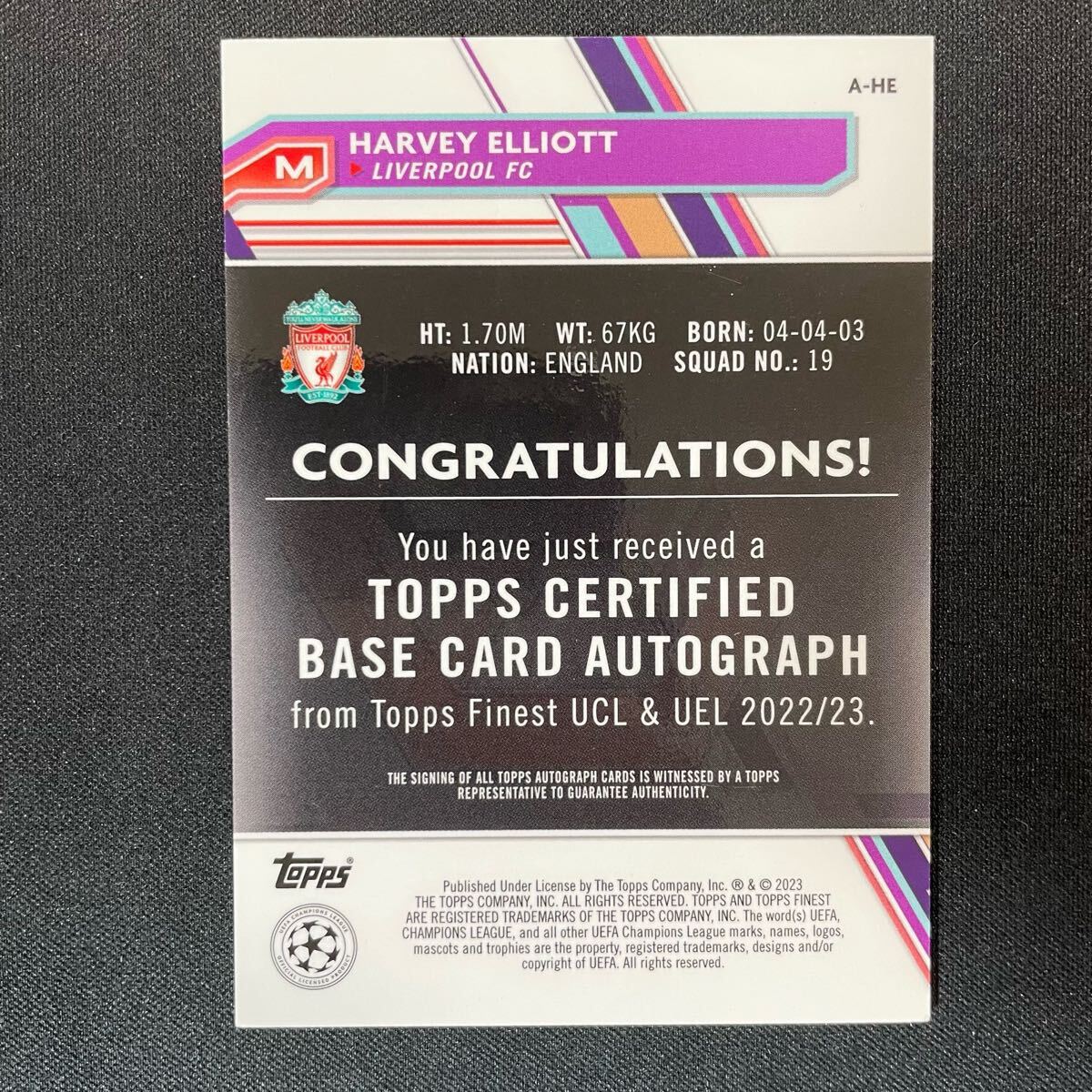 2022-23 Topps Finest UEFA Harvey Elliott Auto Liverpool 直筆 2022-23 Topps Finest UEFA Harvey Elliott Auto Liverpool 直筆