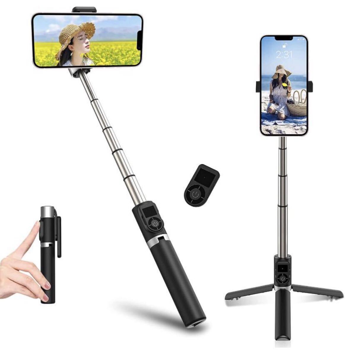 自撮り棒 三脚 iphone コンパクトbluetooth 三脚付き (ブラック) 日本語取扱説明書付き_画像3
