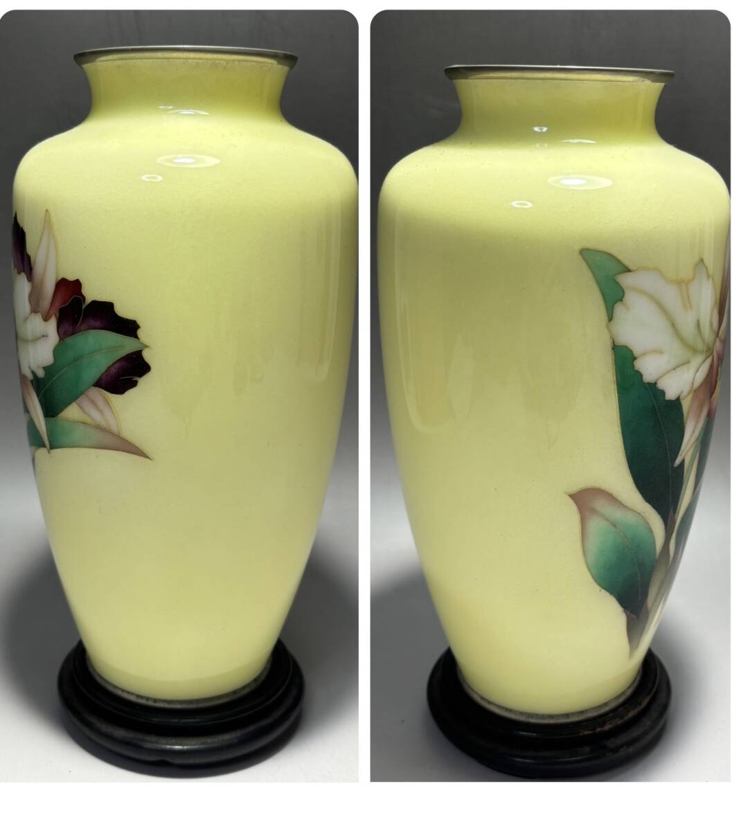 七宝焼 カトレア図 花瓶 唐木台付 飾壷 高さ約21.7cm(花器 七宝焼 カトレア図 花瓶 唐木台付 飾壷 高さ約21.7cm(花器