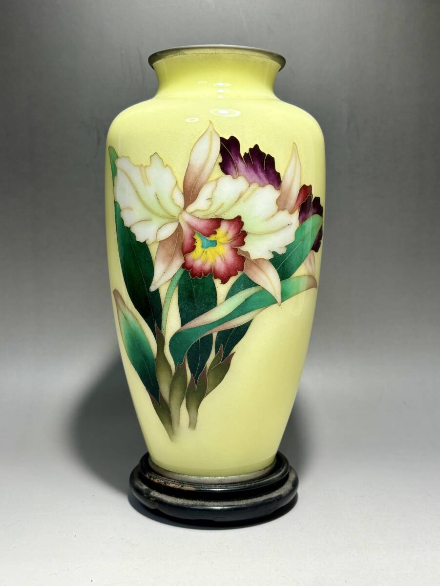 七宝焼 カトレア図 花瓶 唐木台付 飾壷 高さ約21.7cm(花器 七宝焼 カトレア図 花瓶 唐木台付 飾壷 高さ約21.7cm(花器