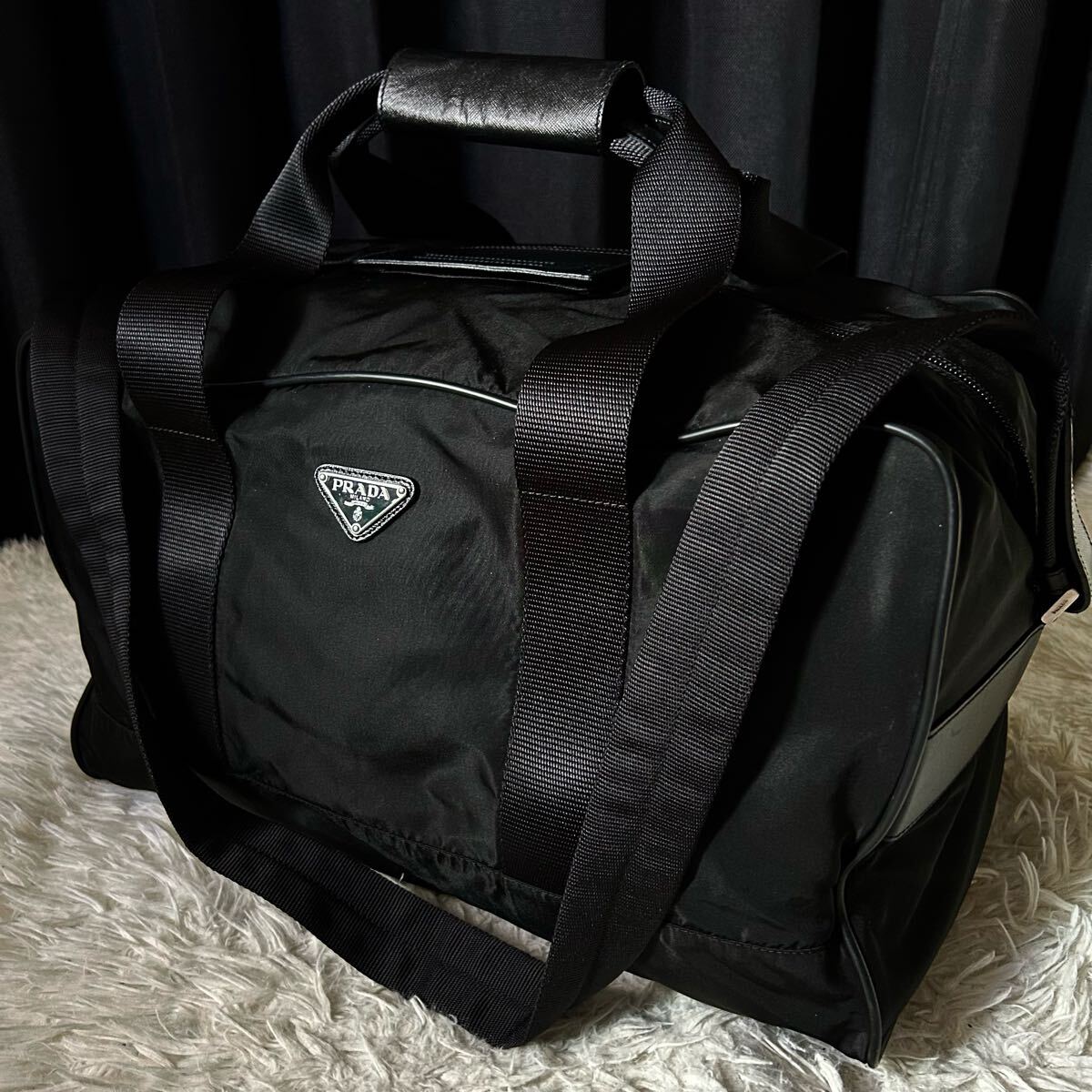 大容量 PRADA ボストンバッグ 2way ブラック 三角ロゴ ナイロン