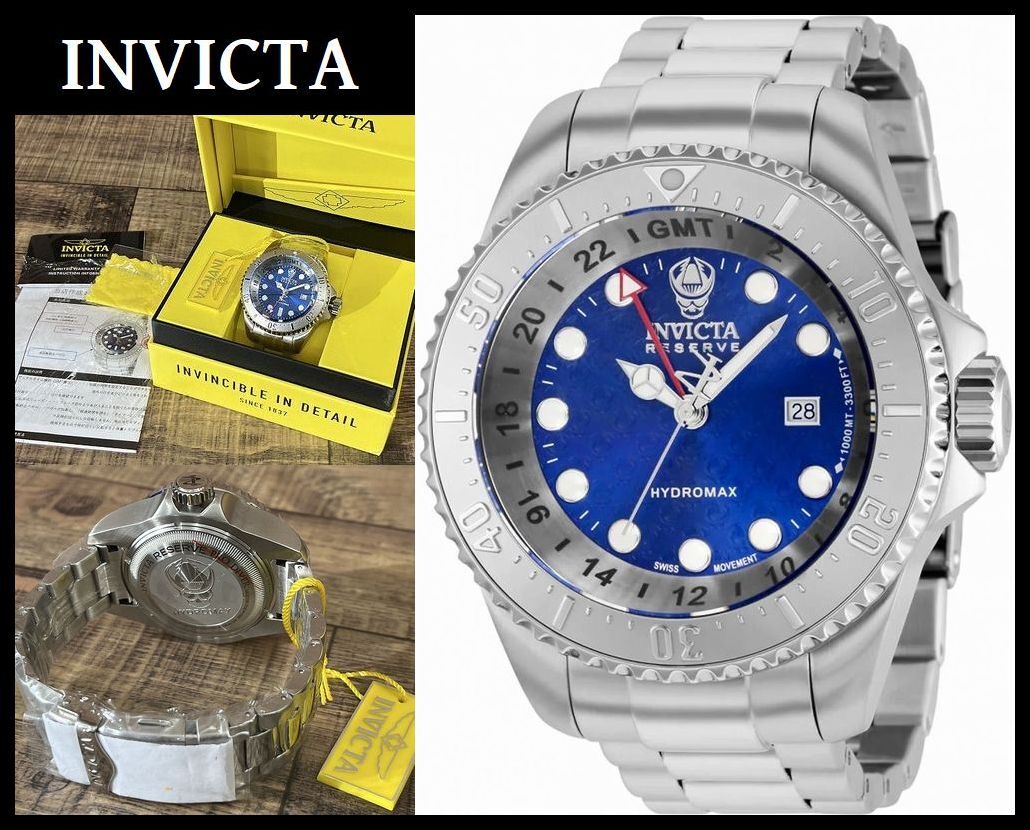 ■ 未使用保管品 INVICTA インビクタ 37218 HYDROMAX ハイドロマックス GMT 防水1000m 極厚ケース 青文字盤 ダイバーズ クォーツ 腕時計