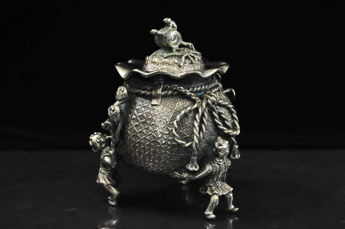真作】 須賀月芳 『洋銀 香炉』 共箱 高さ：16.5cm 重量：1745g