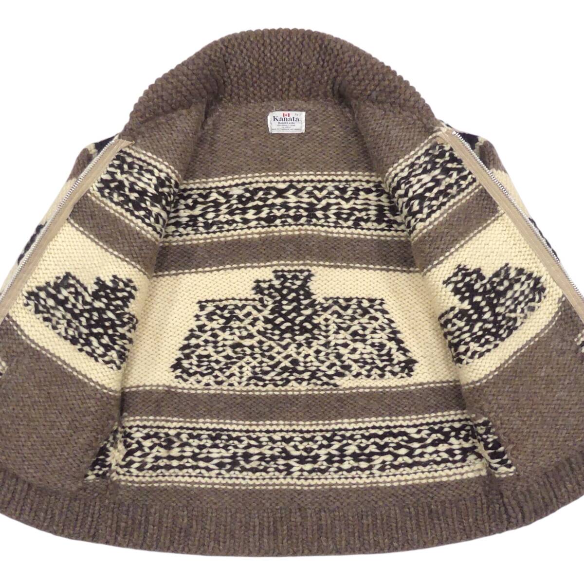 即決★カナダ製 KANATA★メンズ XXL位 カウチンセーター カナタ 茶 ベージュ 鳥柄 ウール ニット セーター カーディガン メープルボタン_画像4