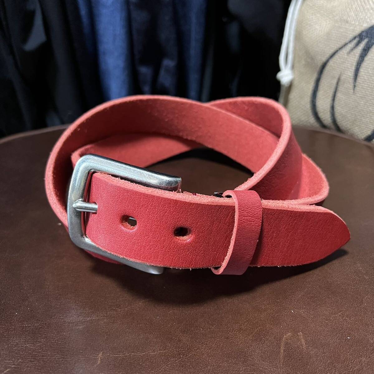 本革 栃木レザー レザーベルト レッド 赤 牛革 洗い加工 メンズ ベルト ヌメ革 35mm バックル メンズベルト_画像1
