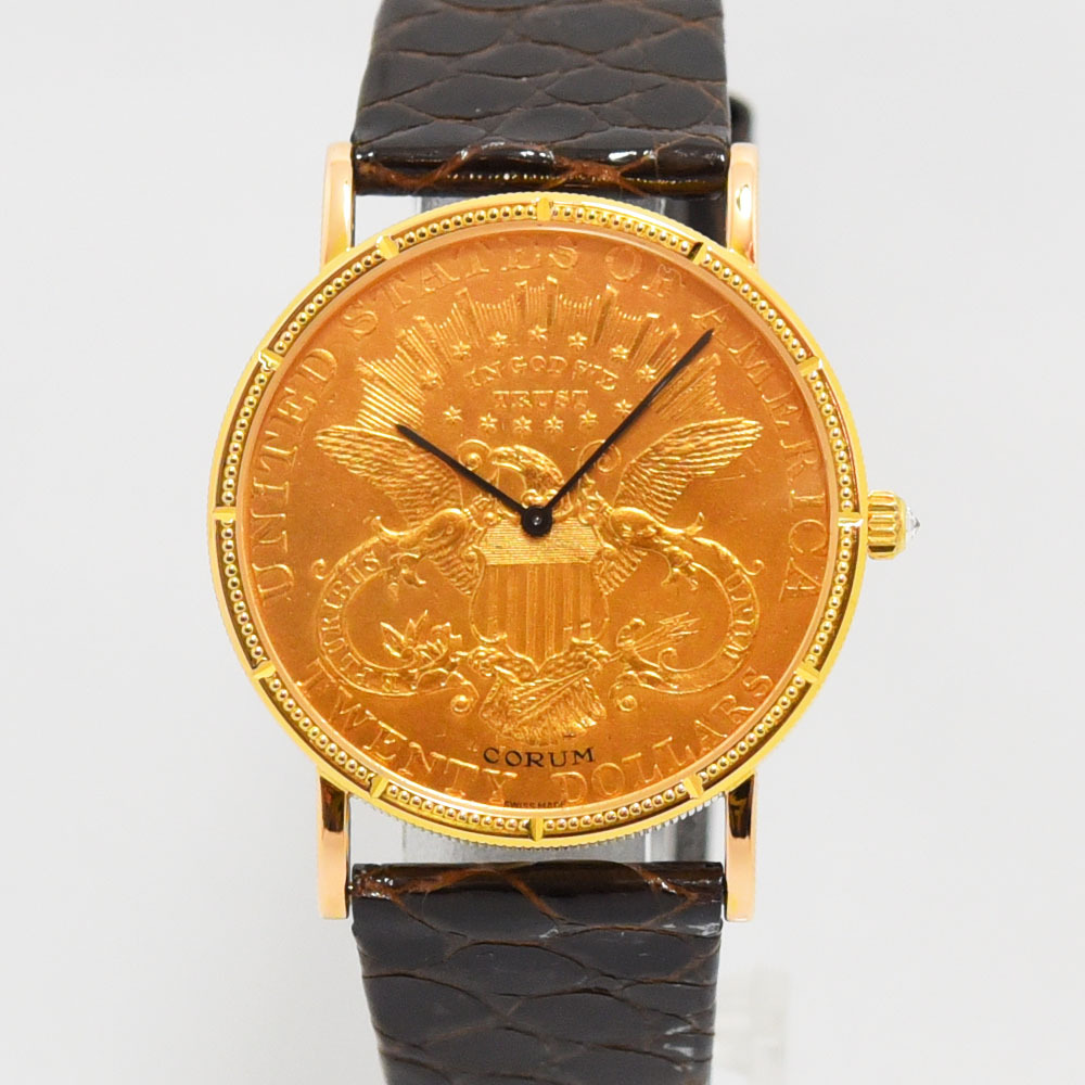  Corum б/у мужской CORUM монета часы механический завод 20 доллар K18 750 кожа Gold легкий отделка 