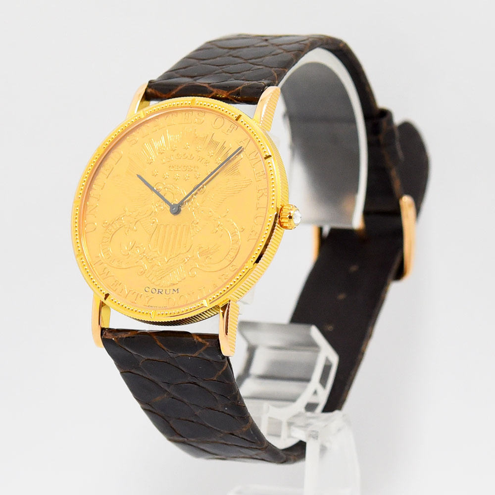  Corum б/у мужской CORUM монета часы механический завод 20 доллар K18 750 кожа Gold легкий отделка 