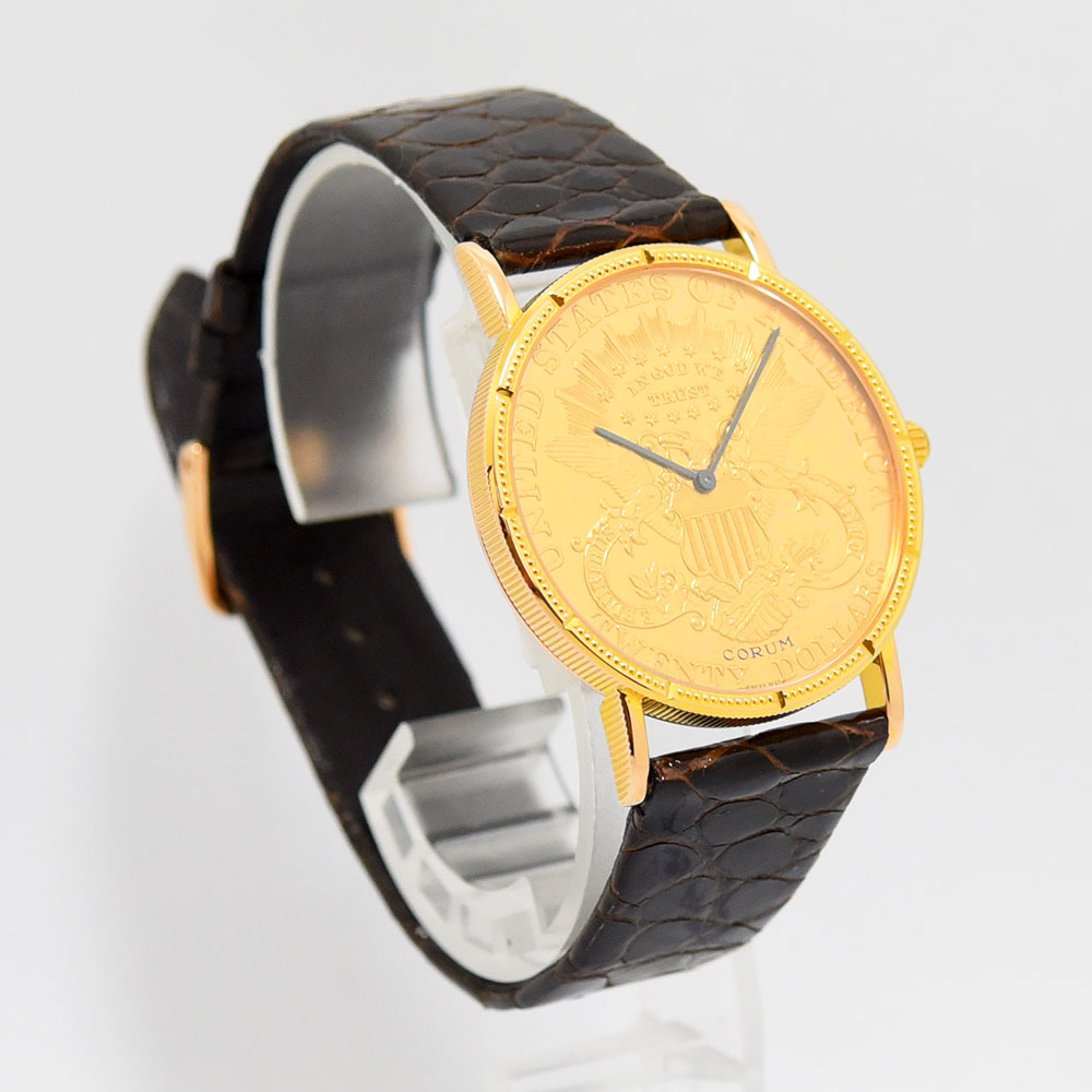  Corum б/у мужской CORUM монета часы механический завод 20 доллар K18 750 кожа Gold легкий отделка 