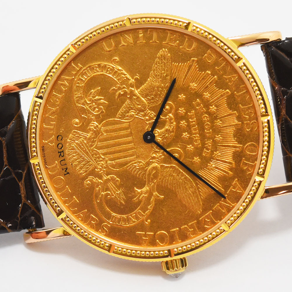  Corum б/у мужской CORUM монета часы механический завод 20 доллар K18 750 кожа Gold легкий отделка 
