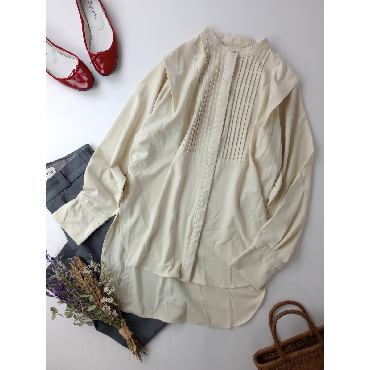 Aunt Marie's アントマリーズ「うふふ。美しくリッチな存在感?！攻伐绁毳扩`タック バンドカラー シャツ ピンタック (40Y＋2128)