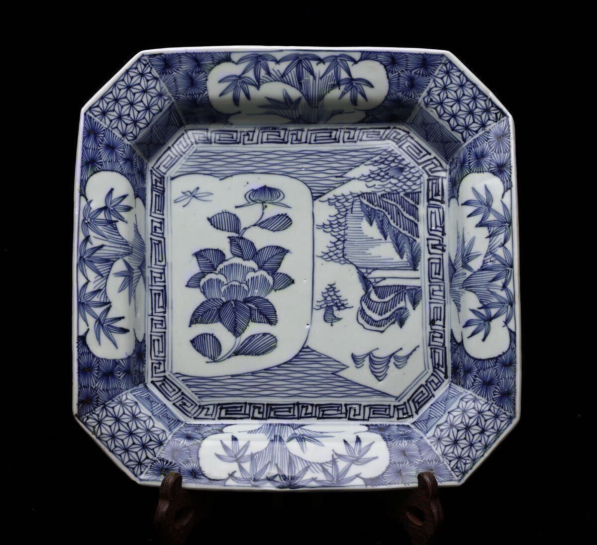 美品 古伊万里 染付 大皿 線描き 八角皿 八角 角皿 和食器 隅切 美品 古伊万里 染付 大皿 線描き 八角皿 八角 角皿 和食器 隅切