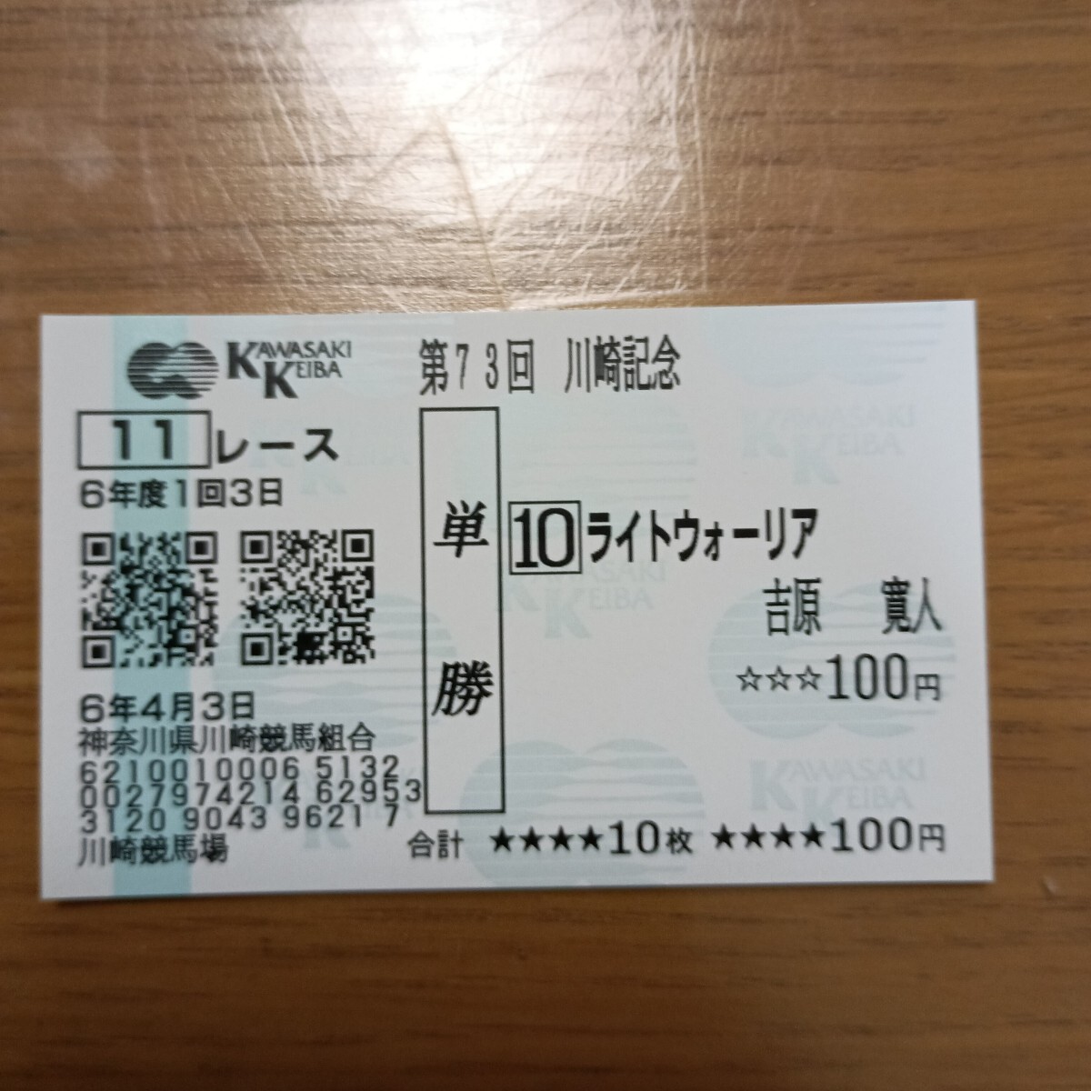 川崎記念2024 ライトウォーリア号 現地単勝馬券(終了したレース 川崎記念2024 ライトウォーリア号 現地単勝馬券(終了したレース