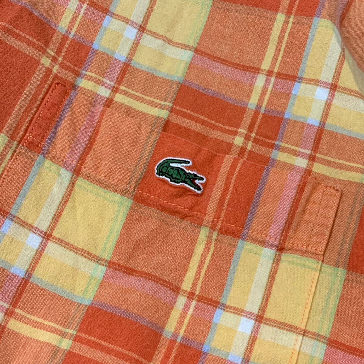 良品 LACOSTE ラコステ チェック柄 半袖 ボタンダウンシャツ メンズ サイズ2 S オレンジ イエロー