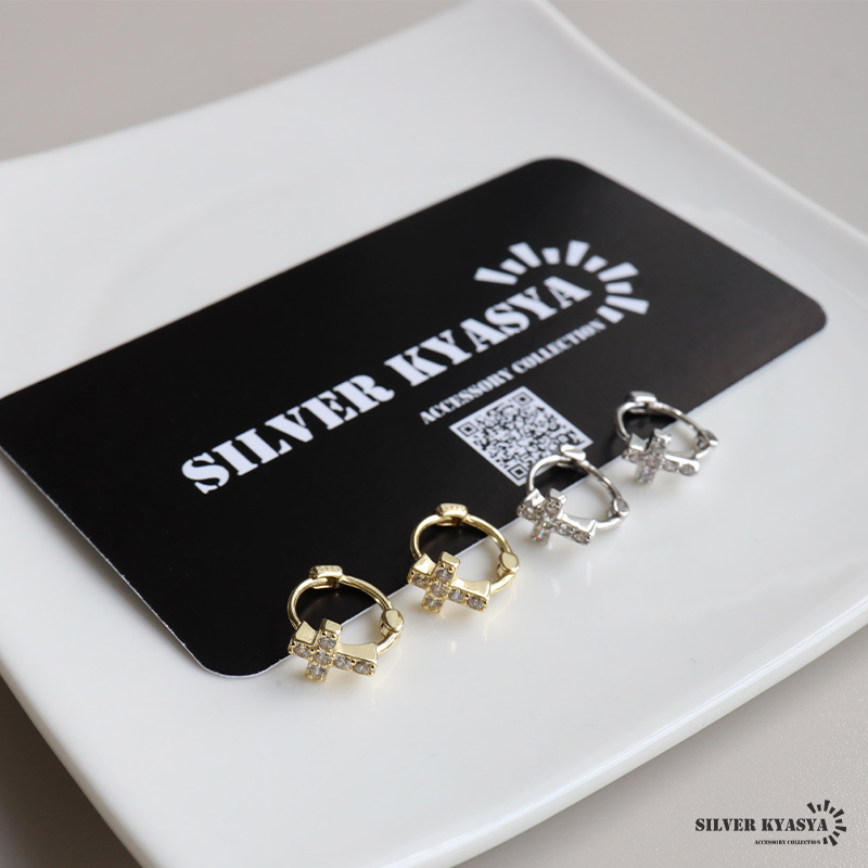 (ゴールド) シルバー925 クロスピアス フープピアス ストーンピアス 18KGP 十字架 両耳2點(diǎn)セット 女性 金アレ対応