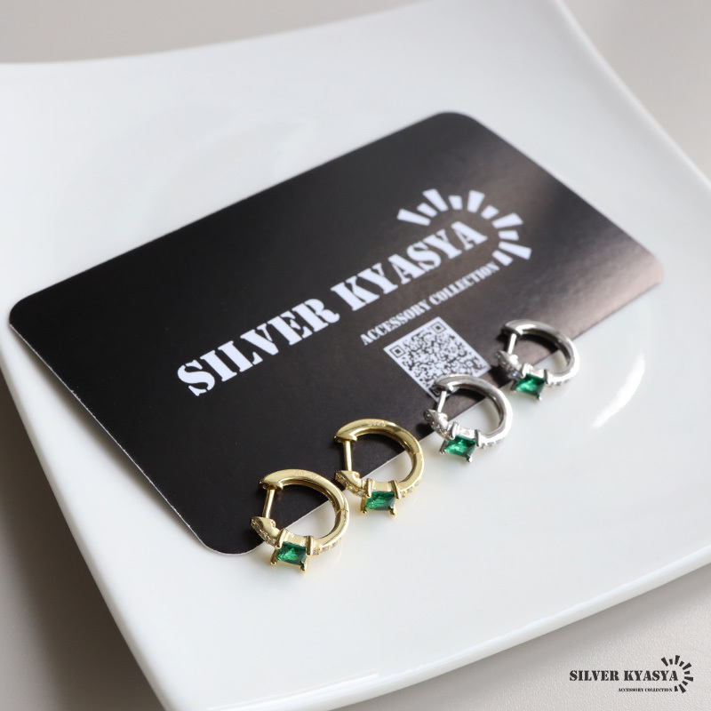 (ゴールド) シルバー925 エメラルドピアス フープピアス 一粒ピアス グリーン 18KGP 両耳2點(diǎn)セット 女性 金アレ対応