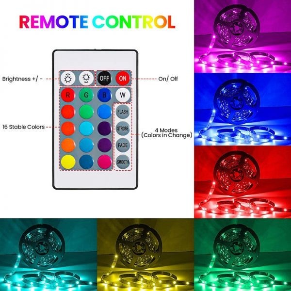 LEDテープライト RGB リモコン AC電源付 12V 5M 5050SMD 白ベース 150連 防水 切斷可 両面テープ付 正面発光 イルミネーション