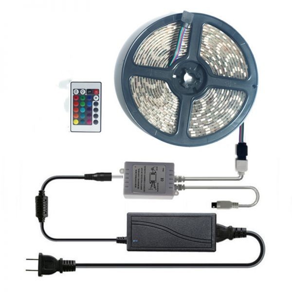 LEDテープライト RGB リモコン AC電源付 12V 5M 5050SMD 白ベース 150連 防水 切斷可 両面テープ付 正面発光 イルミネーション