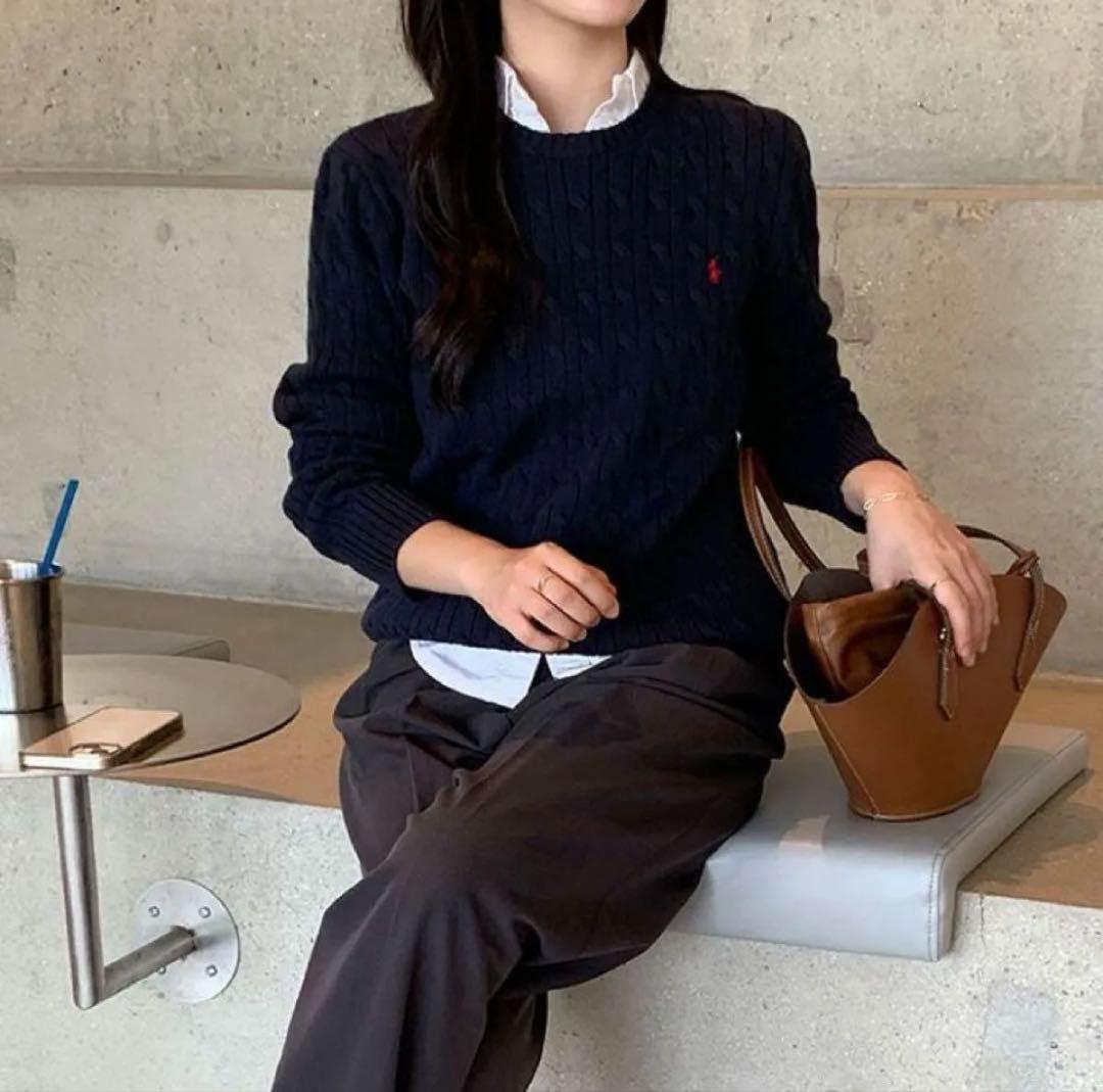 美品 POLORALPHLAURE ポロラルフローレン ピマコットン 現(xiàn)行タグ レディース 大人気 定番 ネイビー 紺 ケーブルセーター ニット 正規(guī)品