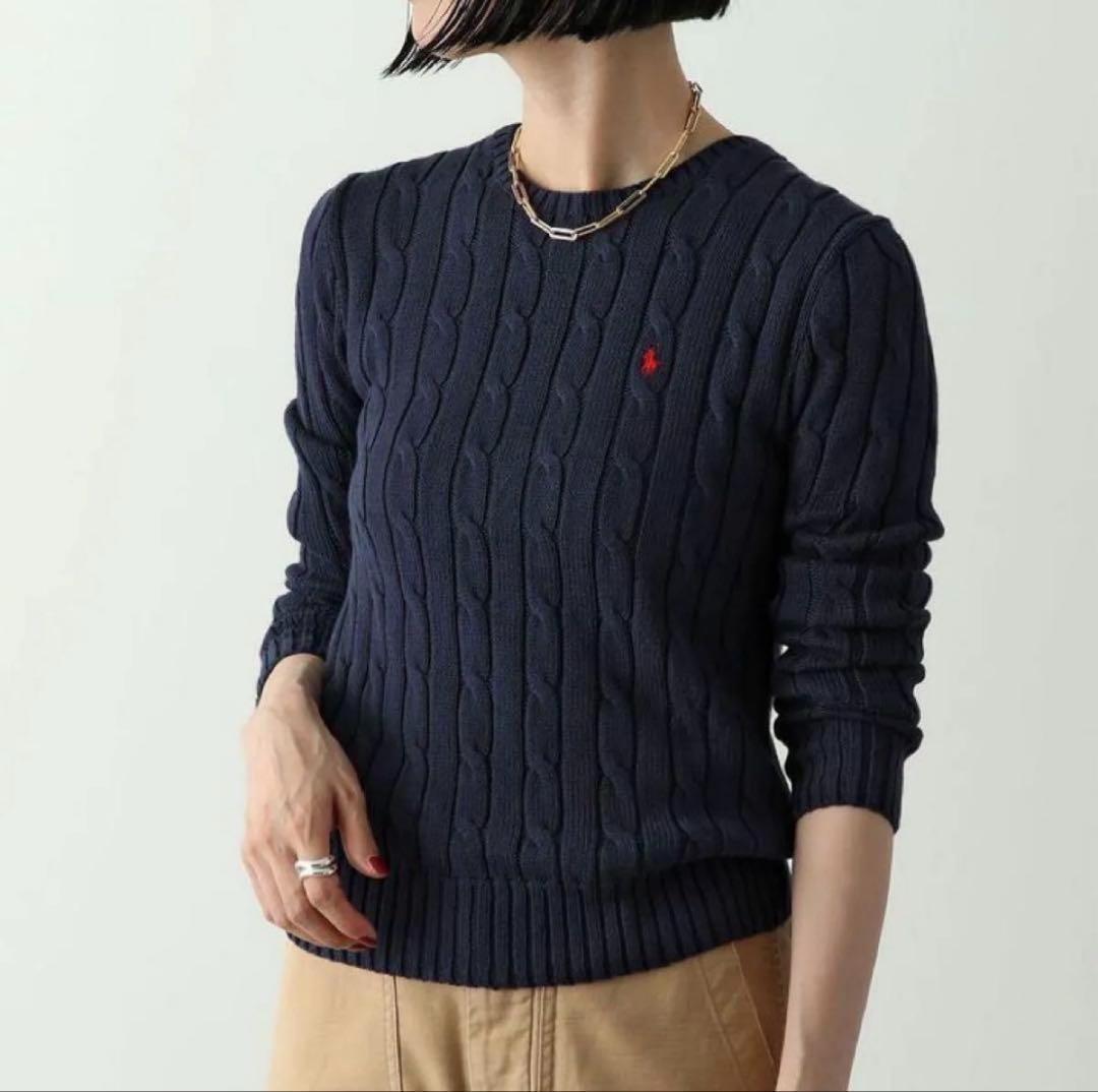 美品 POLORALPHLAURE ポロラルフローレン ピマコットン 現(xiàn)行タグ レディース 大人気 定番 ネイビー 紺 ケーブルセーター ニット 正規(guī)品