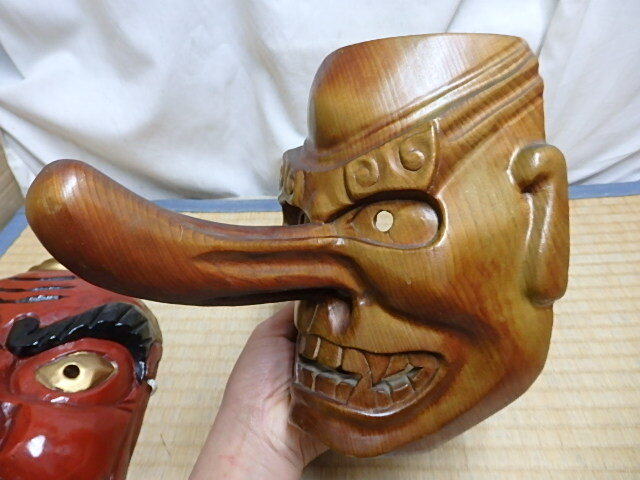 ☆木製 木彫 彫刻 天狗 面 2種 能面 縁起物 魔除け 伝統工芸