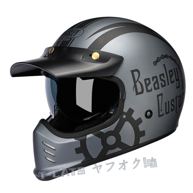☆新品ハーレー機(jī)関車 レトロフルフェイスヘルメット バイク用ヘルメット オフロードヘルメット 通気性良い DOT認(rèn)証規(guī)格 S -XXXL ブルー