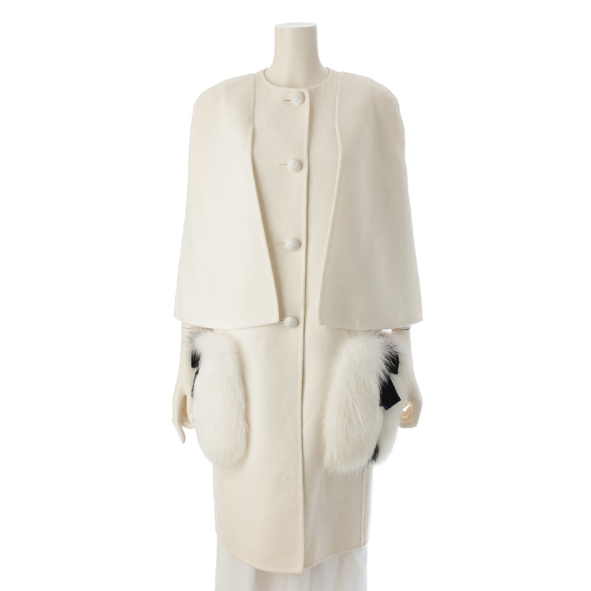 フェンディ ウール フォックスファー ノーカラー コート FF8522 W1D ホワイト ブラック 40【中古】