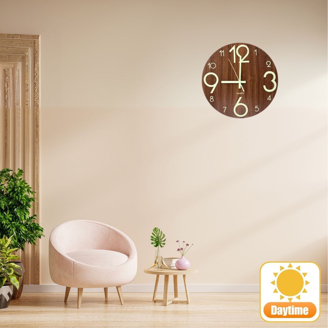 壁掛け時計 25㎝ 壁掛 時計 夜光 蓄光 靜音 蛍光 木目 天然木 ブラウン インテリア シンプル 見やすい アナログ 北歐 ウォール クロック