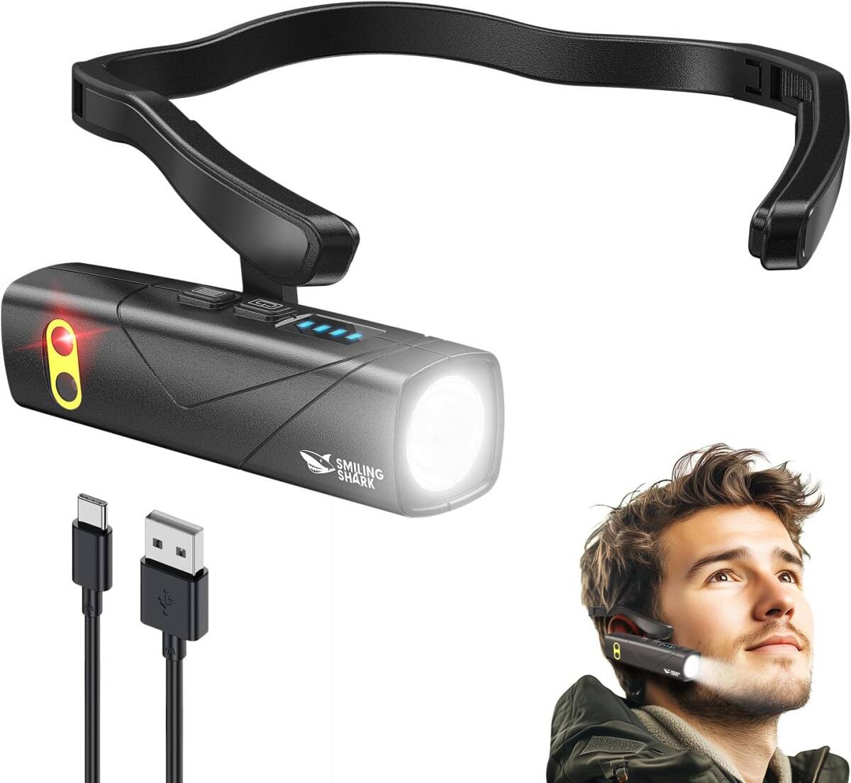 充電式LEDヘッドライト【新概念耳掛け式?白色光?赤色光】 耳裝著式ヘッドランプ センサー付き USB充電可能5つの照明モード 230°広角照明