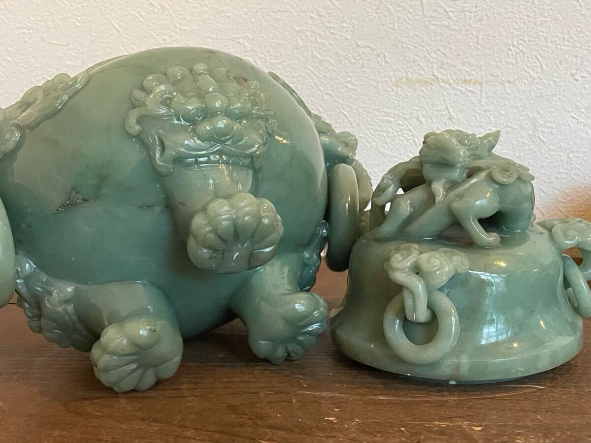 ◇中国美術 翡翠香炉 唐木台付 獣耳遊環 三つ足香炉 高さ約12.5
